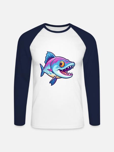Barracuda Bunte Aquarell-Karikatur Kawaii Anima - Unisex Baseballshirt langarm - Weiß/Navy