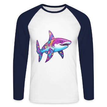 Requin Aquarelle Colorée Dessin Animé Kawaii Animal - T-shirt baseball manches longues Homme - blanc/marine - Devant - Nik (191cm)