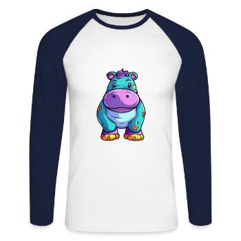 Nilpferd bunte Aquarell-Karikatur Kawaii-Tier - Unisex Baseballshirt langarm - Weiß/Navy - Vorne - Nik (191cm)