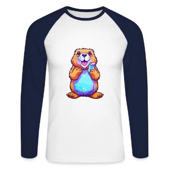 Beaver Colorful Watercolor Cartoon Kawaii Animal - Unisex Long Sleeve Baseball T-Shirt - white/navy - Front - Nik (191cm)