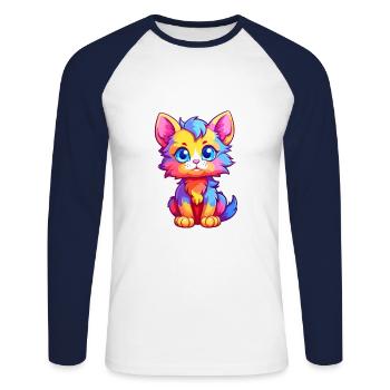 Kitten Colorful Watercolor Cartoon Kawaii Animal - Unisex Long Sleeve Baseball T-Shirt - white/navy - Front - Nik (191cm)