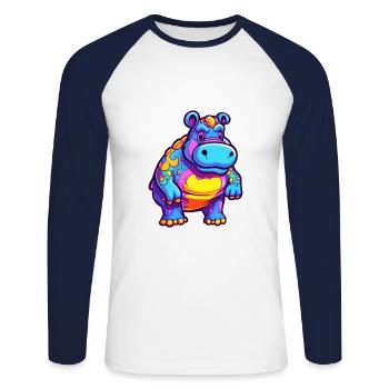 Nilpferd bunte Aquarell-Karikatur Kawaii-Tier - Unisex Baseballshirt langarm - Weiß/Navy - Vorne - Nik (191cm)