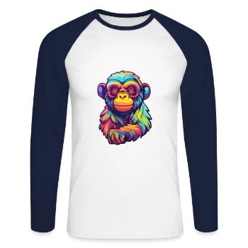 Monkey Colorful Watercolor Cartoon Kawaii Animal - Unisex Long Sleeve Baseball T-Shirt - white/navy - Front - Nik (191cm)