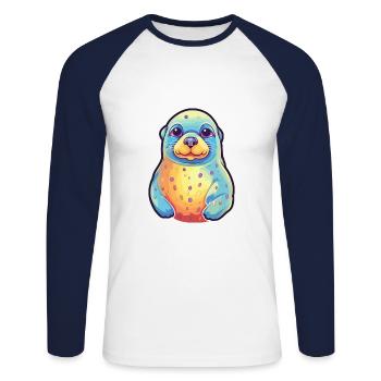 Siegel buntes Aquarell Karikatur Kawaii Tier - Unisex Baseballshirt langarm - Weiß/Navy - Vorne - Nik (191cm)