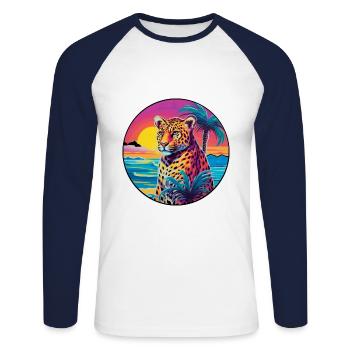Amur Leopard Colorful Watercolor Cartoon Kawaii - Unisex Long Sleeve Baseball T-Shirt - white/navy - Front - Nik (191cm)