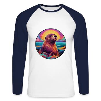 Beaver Colorful Watercolor Cartoon Kawaii Animal - Unisex Long Sleeve Baseball T-Shirt - white/navy - Front - Nik (191cm)