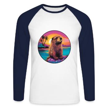 Beaver Colorful Watercolor Cartoon Kawaii Animal - Unisex Long Sleeve Baseball T-Shirt - white/navy - Front - Nik (191cm)