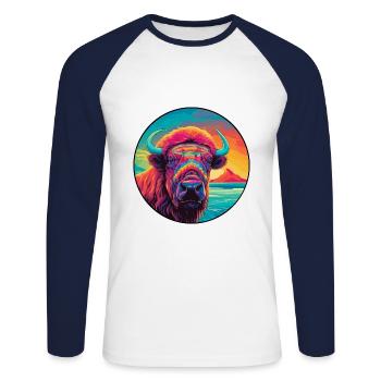 Buffalo Colorful Watercolor Cartoon Kawaii Animal - Unisex Long Sleeve Baseball T-Shirt - white/navy - Front - Nik (191cm)