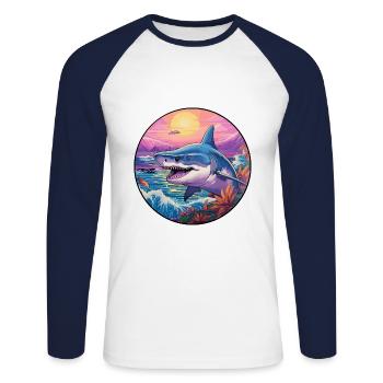 Requin Aquarelle Colorée Dessin Animé Kawaii Animal - T-shirt baseball manches longues Homme - blanc/marine - Devant - Nik (191cm)