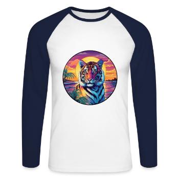 Tiger Colorful Watercolor Cartoon Kawaii Animal - Unisex Long Sleeve Baseball T-Shirt - white/navy - Front - Nik (191cm)