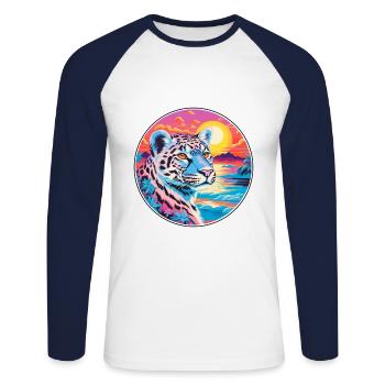 Snow Leopard Colorful Watercolor Cartoon Kawaii - Unisex Long Sleeve Baseball T-Shirt - white/navy - Front - Nik (191cm)