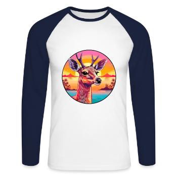 Cerf Aquarelle Colorée Dessin Animé Kawaii Animal - T-shirt baseball manches longues Homme - blanc/marine - Devant - Nik (191cm)