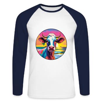 Kuh buntes Aquarell Cartoon Kawaii Tier - Unisex Baseballshirt langarm - Weiß/Navy - Vorne - Nik (191cm)
