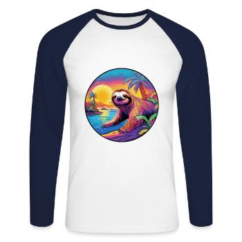 Faultier buntes Aquarell Cartoon Kawaii Tier - Unisex Baseballshirt langarm - Weiß/Navy - Vorne - Nik (191cm)