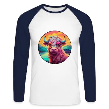 Yak Colorful Watercolor Cartoon Kawaii Animal - Unisex Long Sleeve Baseball T-Shirt - white/navy - Front - Nik (191cm)