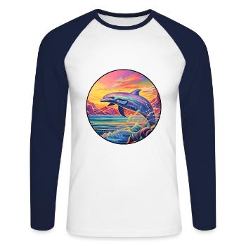 Wal bunte Aquarell-Karikatur Kawaii-Tier - Unisex Baseballshirt langarm - Weiß/Navy - Vorne - Nik (191cm)