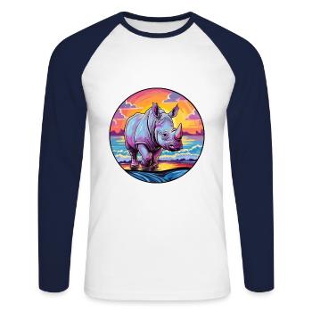 Rhino Colorful Watercolor Cartoon Kawaii Animal - Unisex Long Sleeve Baseball T-Shirt - white/navy - Front - Nik (191cm)