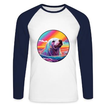Morse aquarelle colorée dessin animé Kawaii Animal - T-shirt baseball manches longues Homme - blanc/marine - Devant - Nik (191cm)