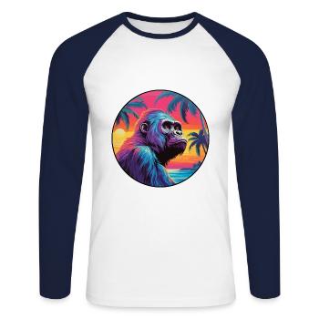 Gorilla Colorful Watercolor Cartoon Kawaii Animal - Unisex Long Sleeve Baseball T-Shirt - white/navy - Front - Nik (191cm)