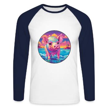 Cochon Aquarelle Colorée Dessin Animé Kawaii Animal - T-shirt baseball manches longues Homme - blanc/marine - Devant - Nik (191cm)