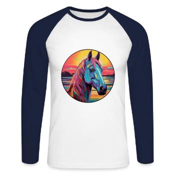 Pferd buntes Aquarell Karikatur Kawaii Tier - Unisex Baseballshirt langarm - Weiß/Navy - Vorne - Nik (191cm)