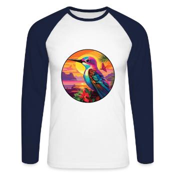 colibri coloré aquarelle dessin animé Kawaii animal de compagnie - T-shirt baseball manches longues Homme - blanc/marine - Devant - Nik (191cm)