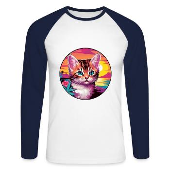 Kitten Colorful Watercolor Cartoon Kawaii Animal - Unisex Long Sleeve Baseball T-Shirt - white/navy - Front - Nik (191cm)