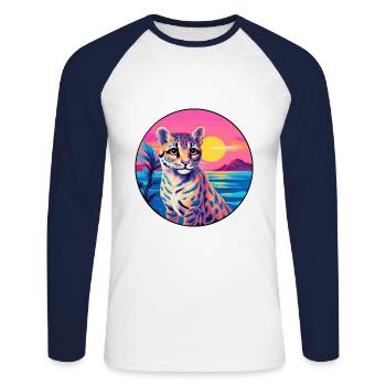 Ocelot Colorful Watercolor Cartoon Kawaii Animal - Unisex Long Sleeve Baseball T-Shirt - white/navy - Front - Nik (191cm)