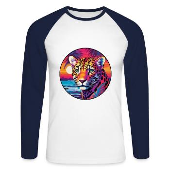 Leopard Colorful Watercolor Cartoon Kawaii Animal - Unisex Long Sleeve Baseball T-Shirt - white/navy - Front - Nik (191cm)