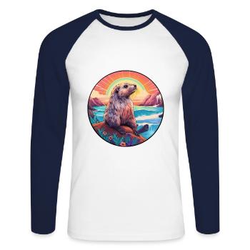 Murmeltier buntes Aquarell Cartoon Kawaii Tier - Unisex Baseballshirt langarm - Weiß/Navy - Vorne - Nik (191cm)