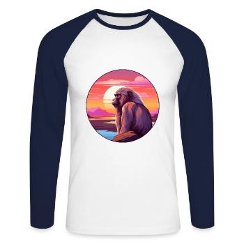 Baboon Colorful Watercolor Cartoon Kawaii Animal - Unisex Long Sleeve Baseball T-Shirt - white/navy - Front - Nik (191cm)