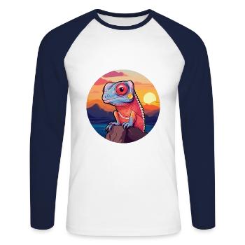 Chameleon Colorful Watercolor Cartoon Kawaii Pet - Unisex Long Sleeve Baseball T-Shirt - white/navy - Front - Nik (191cm)
