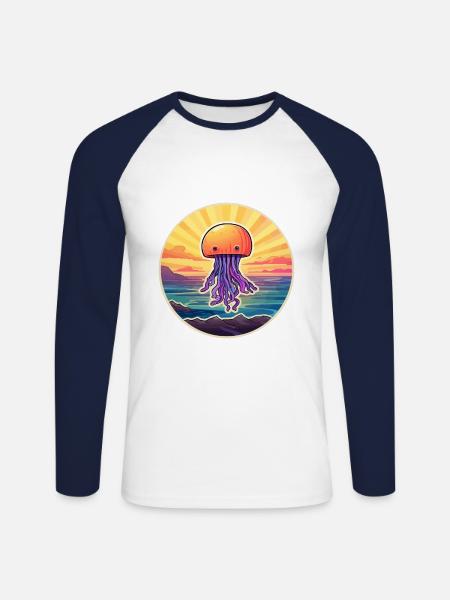 Qualle bunte Aquarell-Karikatur Kawaii Haustier - Unisex Baseballshirt langarm - Weiß/Navy