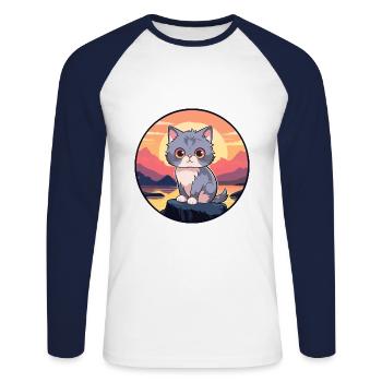 Kitten Colorful Watercolor Cartoon Kawaii Animal - Unisex Long Sleeve Baseball T-Shirt - white/navy - Front - Nik (191cm)