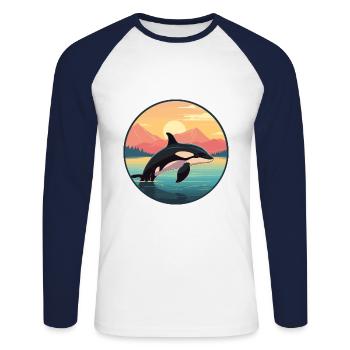 Orca Colorful Watercolor Cartoon Kawaii Animal - Unisex Long Sleeve Baseball T-Shirt - white/navy - Front - Nik (191cm)