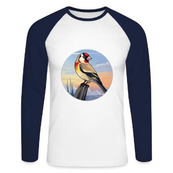 Chardonneret coloré aquarelle dessin animé Kawaii Pet - T-shirt baseball manches longues Homme - blanc/marine - Devant - Nik (191cm)