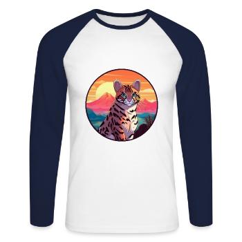 Ocelot Colorful Watercolor Cartoon Kawaii Animal - Unisex Long Sleeve Baseball T-Shirt - white/navy - Front - Nik (191cm)