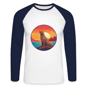 Lion de mer coloré aquarelle dessin animé kawaii animal - T-shirt baseball manches longues Homme - blanc/marine - Devant - Nik (191cm)