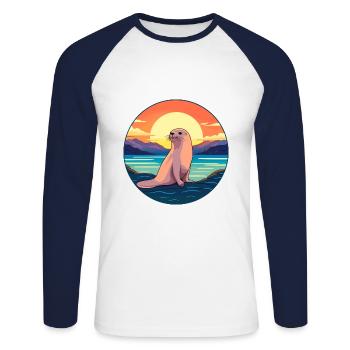 Siegel buntes Aquarell Karikatur Kawaii Tier - Unisex Baseballshirt langarm - Weiß/Navy - Vorne - Nik (191cm)
