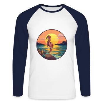 Seepferdchen buntes Aquarell Cartoon Kawaii Tier - Unisex Baseballshirt langarm - Weiß/Navy - Vorne - Nik (191cm)