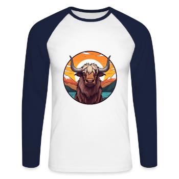 Yak Colorful Watercolor Cartoon Kawaii Animal - Unisex Long Sleeve Baseball T-Shirt - white/navy - Front - Nik (191cm)