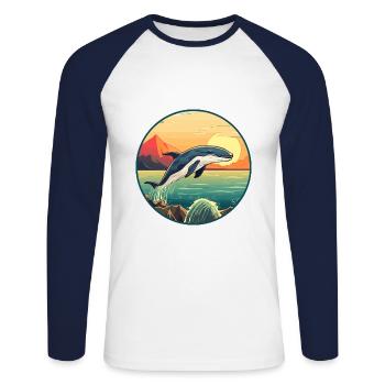 Wal bunte Aquarell-Karikatur Kawaii-Tier - Unisex Baseballshirt langarm - Weiß/Navy - Vorne - Nik (191cm)