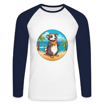 Blaireau Aquarelle Dessin Animé Kawaii Clipart Animal - T-shirt baseball manches longues Homme - blanc/marine - Devant - Nik (191cm)