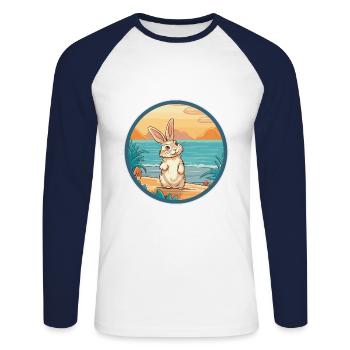 Lapin aquarelle dessin animé Kawaii Clipart Animal - T-shirt baseball manches longues Homme - blanc/marine - Devant - Nik (191cm)