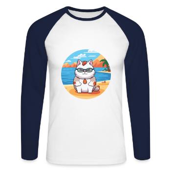 Chat aquarelle dessin animé Kawaii Clipart Animal - T-shirt baseball manches longues Homme - blanc/marine - Devant - Nik (191cm)