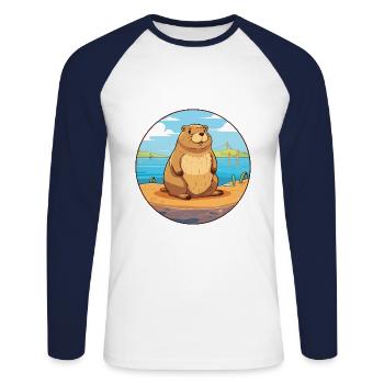 Beaver Watercolor Cartoon Kawaii Clipart Animal - Unisex Long Sleeve Baseball T-Shirt - white/navy - Front - Nik (191cm)