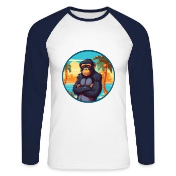 Bonobo Watercolor Cartoon Kawaii Clipart Animal - Unisex Long Sleeve Baseball T-Shirt - white/navy - Front - Nik (191cm)