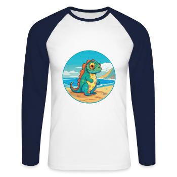 Caméléon aquarelle dessin animé Kawaii Clipart Animal - T-shirt baseball manches longues Homme - blanc/marine - Devant - Nik (191cm)