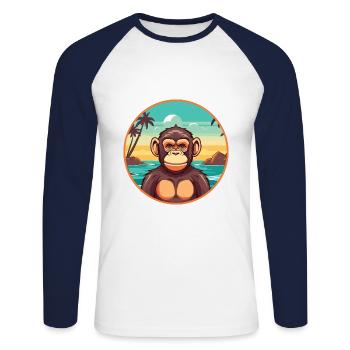 Chimpanzé aquarelle dessin animé Kawaii Clipart animal de compagnie - T-shirt baseball manches longues Homme - blanc/marine - Devant - Nik (191cm)