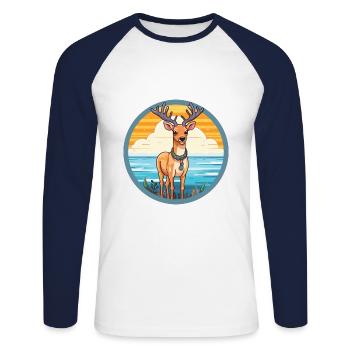 Cerf aquarelle dessin animé Kawaii Clipart Animal - T-shirt baseball manches longues Homme - blanc/marine - Devant - Nik (191cm)